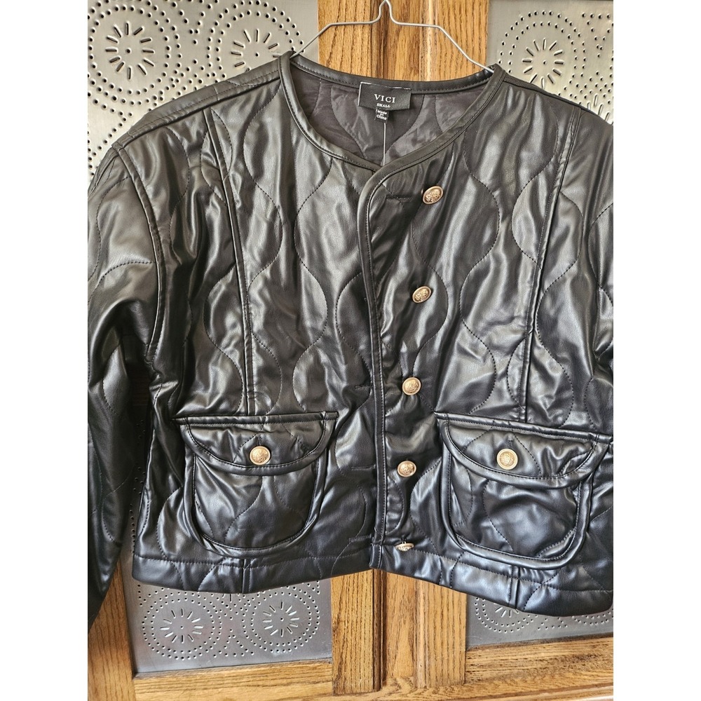 Faux Leather Jacket. Vici Cropped, Black W Gold Buttons, Quilt Pattern Sz S NWT